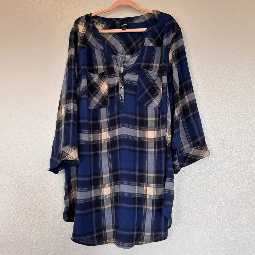 Torrid Harper Blue Plaid Roll Tab Sleeve Tunic Top Plus Size 3X